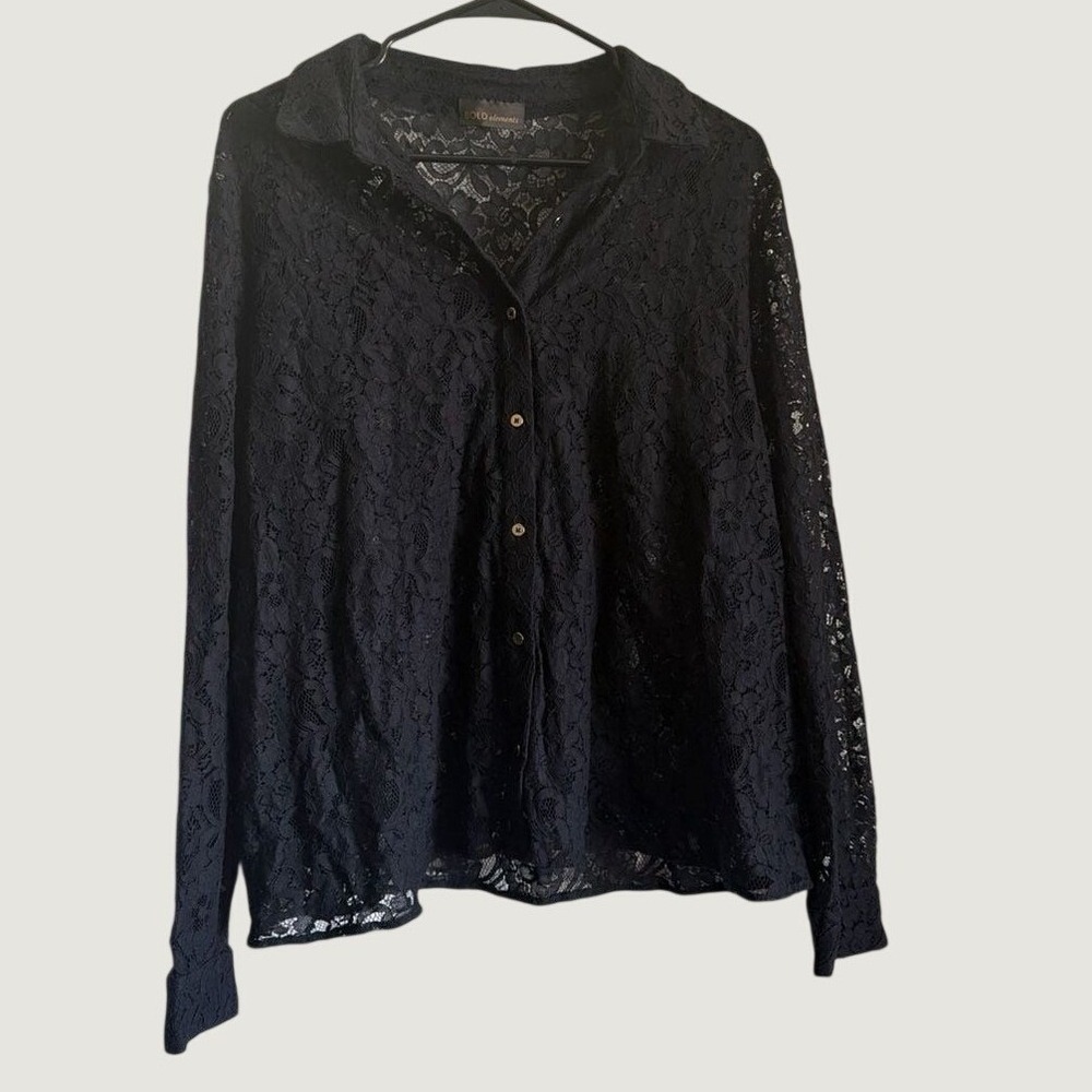 Bold Elements Black Floral‎ Lace Button Down Shirt Sheer Long Sleeve Blouse